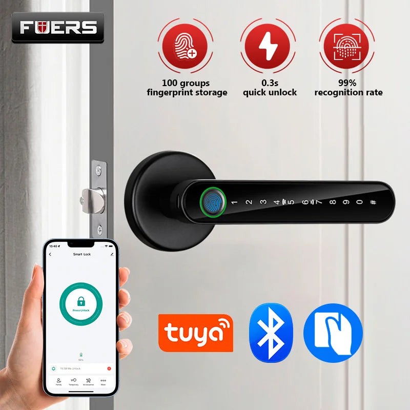 A black smart fingerprint door lock handle is installed on a white door, with a smartphone displaying the SmartLock app nearb