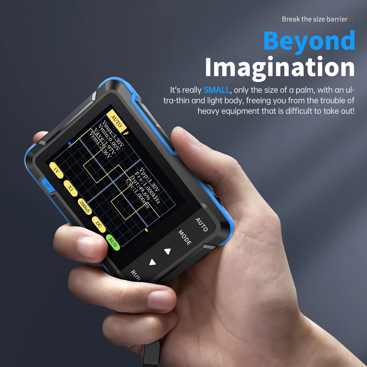 A hand holds a small, blue digital oscilloscope device displaying electrical signals.