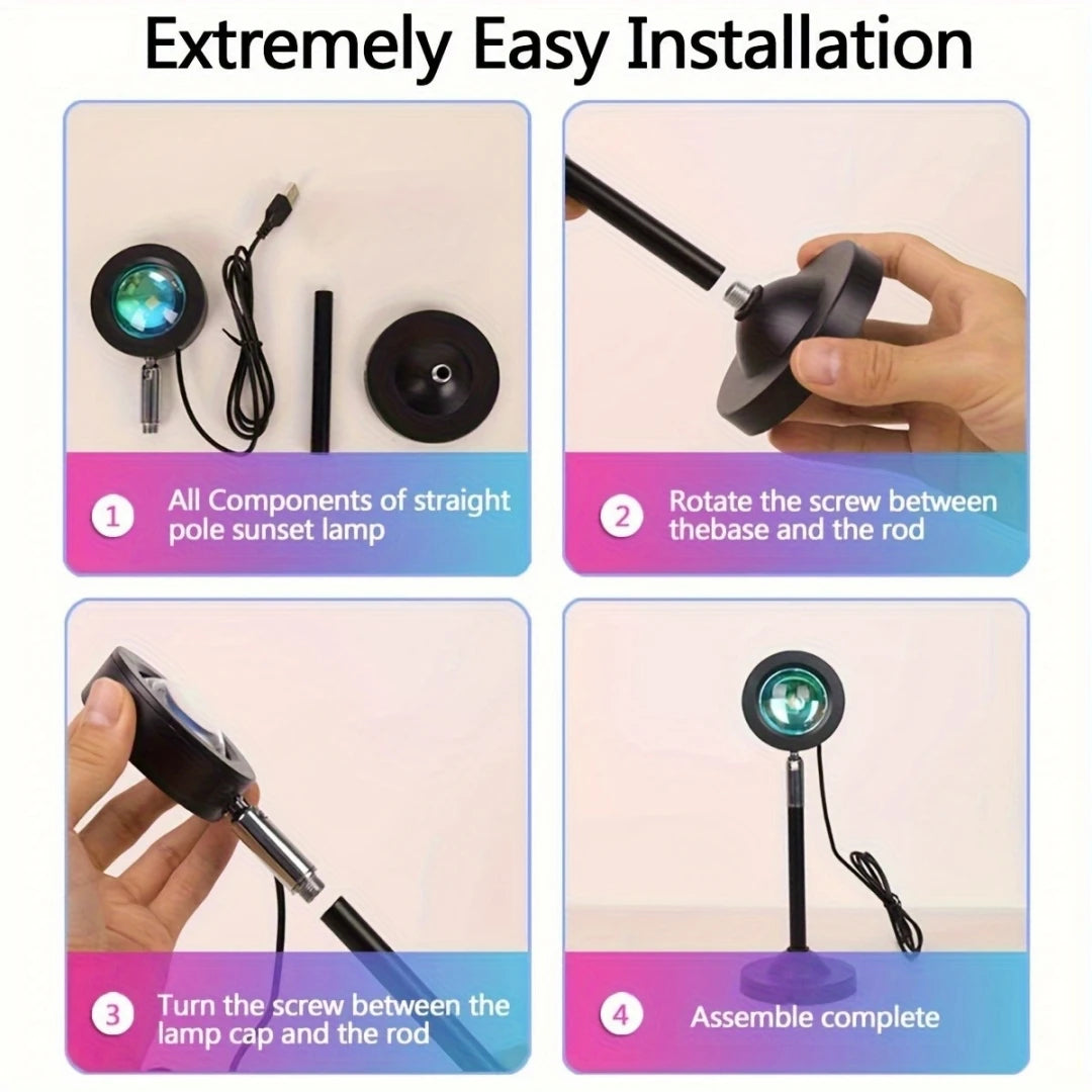 Instructions for easily installing a straight pole sunset lamp by rotating the screw between the base and the rod.