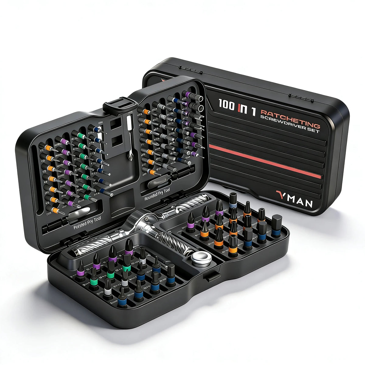A black 10-in-1 ratchet screwdriver set with magnetic bits and a storage case is displayed on a white background.