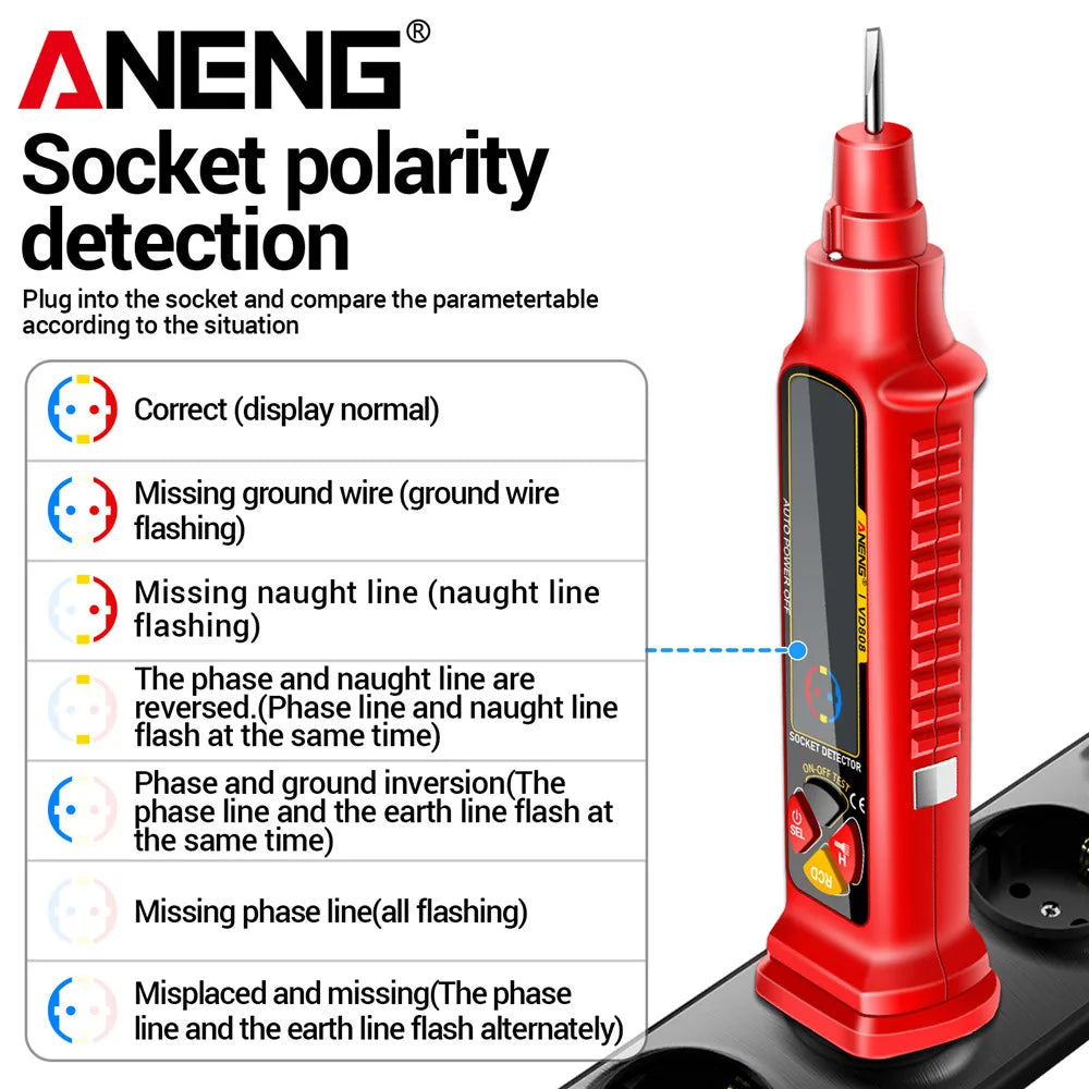 A red multi-function AC/DC voltage tester with various polarity detection indicators displayed on a panel.