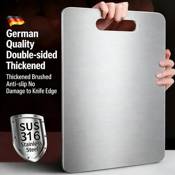 Doppelseitige verstärkte Edelstahl-Cutting-Board mit deutscher Qualitätsprüfung und Klingenrandschutz.