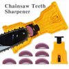 A yellow portable chainsaw tooth sharpener kit with a sharpening blade and several sharpening stones.