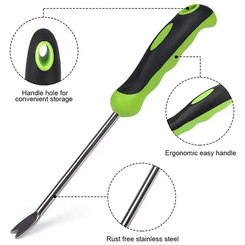 A stainless steel hand weeder tool with an ergonomic handle and a handle hole for storage.