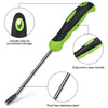 A stainless steel weeder tool with an ergonomic handle and a handle hole for storage.