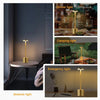 Colección de tres lámparas de escritorio LED, incluyendo luz de noche, cena y camping, con acabados dorados.