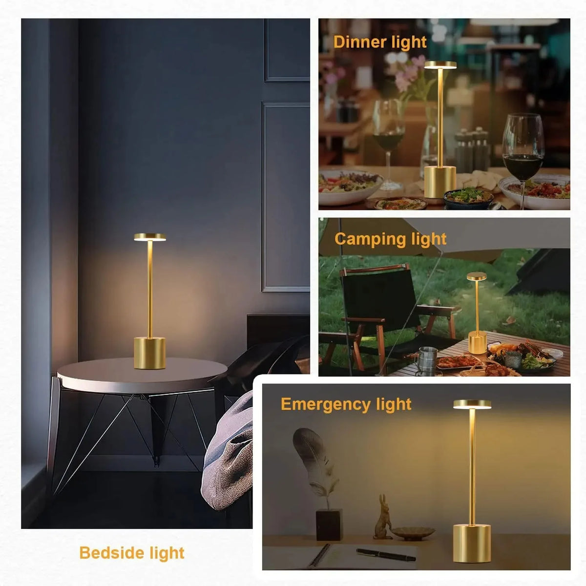 Colección de tres lámparas de escritorio LED, incluyendo luz de noche, cena y camping, con acabados dorados.