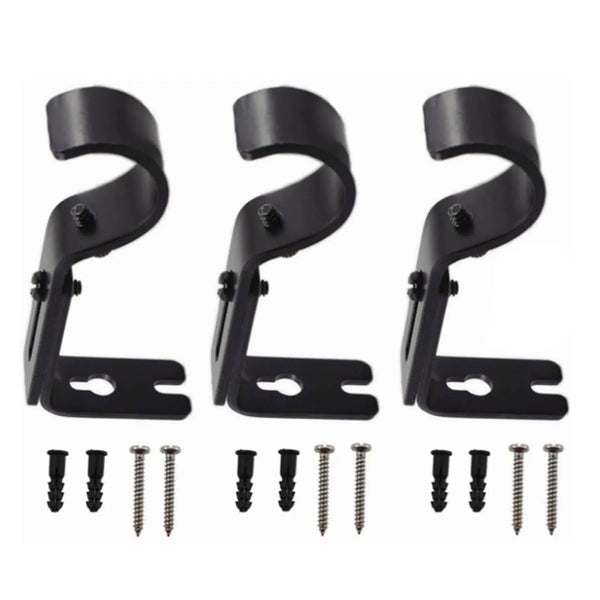 A set of three black adjustable wall hooks designed for curtain rods, including mounting brackets and screws.