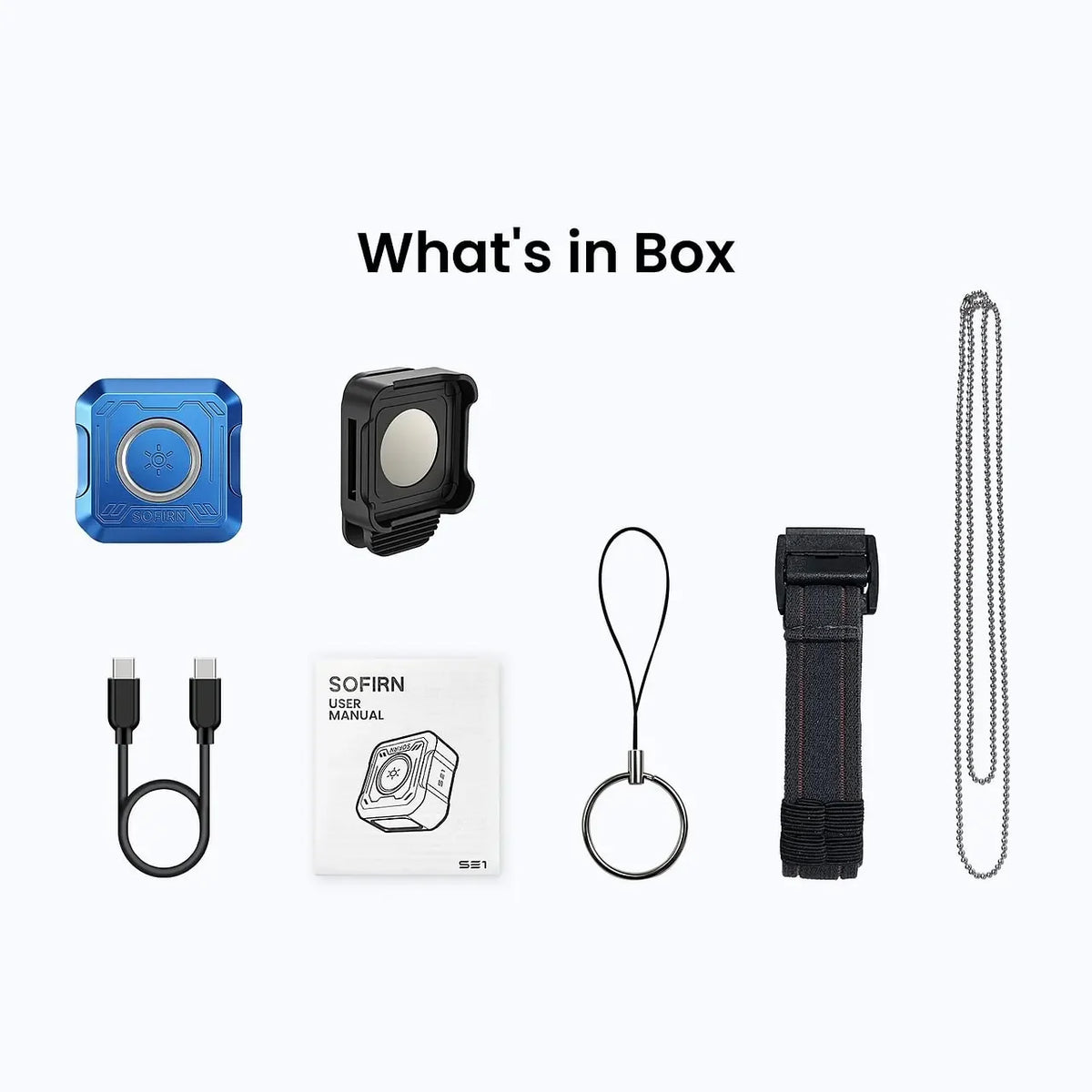 Ce que contient la boîte : une lampe de poche bleue, un étui noir et un manuel d'utilisation.