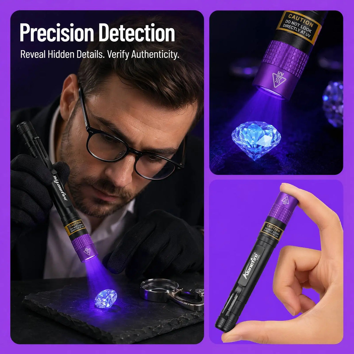 A professional multi-spectrum UV flashlight is used for precision detection, revealing hidden details on a gemstone.