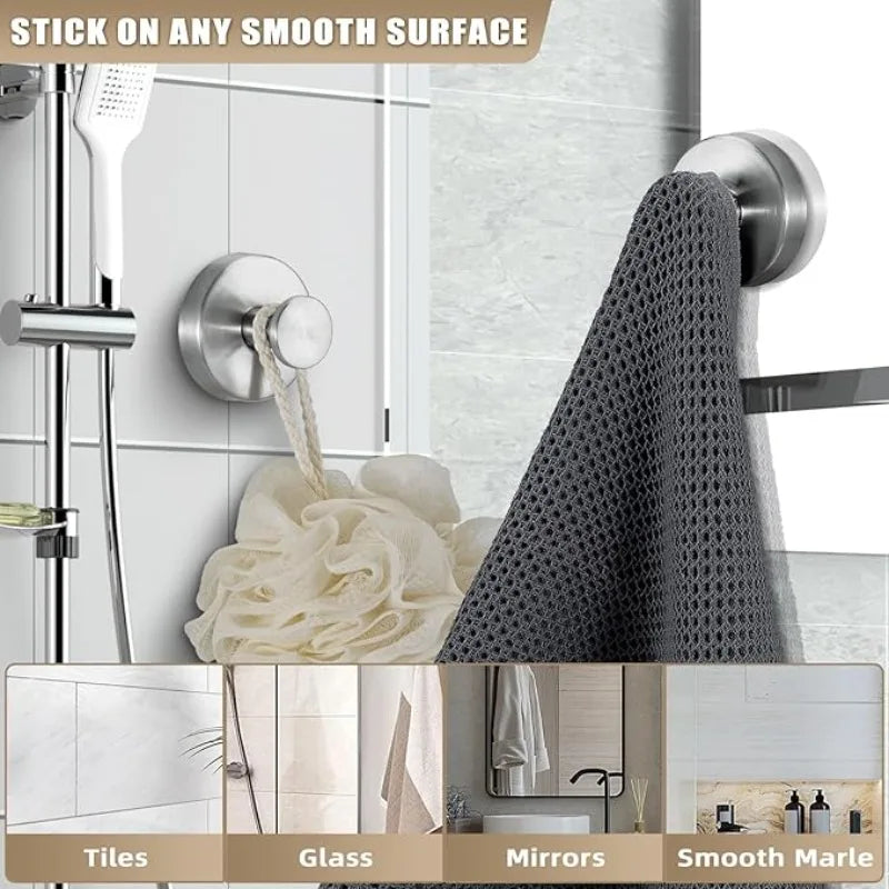 Stainless steel suction cup shower hooks are shown mounted on various smooth surfaces like tiles, glass, mirrors, and smooth 