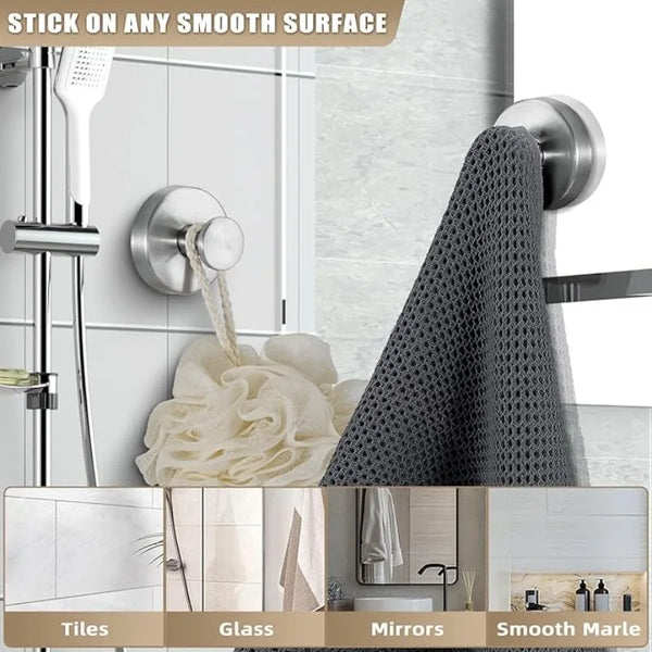 Stainless steel suction cup shower hooks are shown mounted on various smooth surfaces like tiles, glass, mirrors, and smooth 
