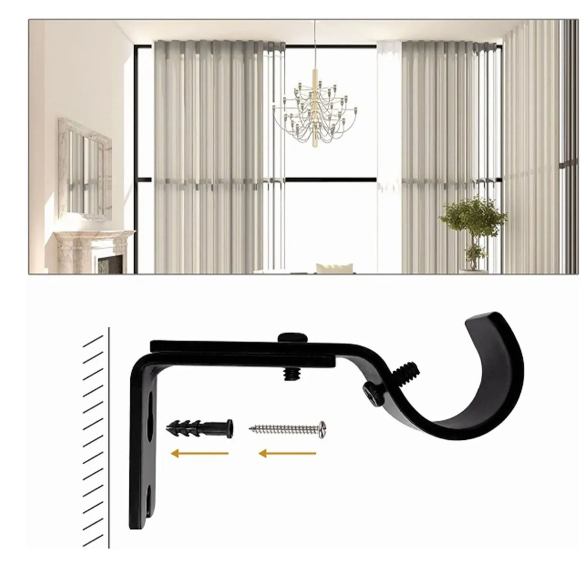 Gancho ajustable negro para pared, diseñado para colgar varas de cortina, mostrado con diferentes tamaños de insertos roscado