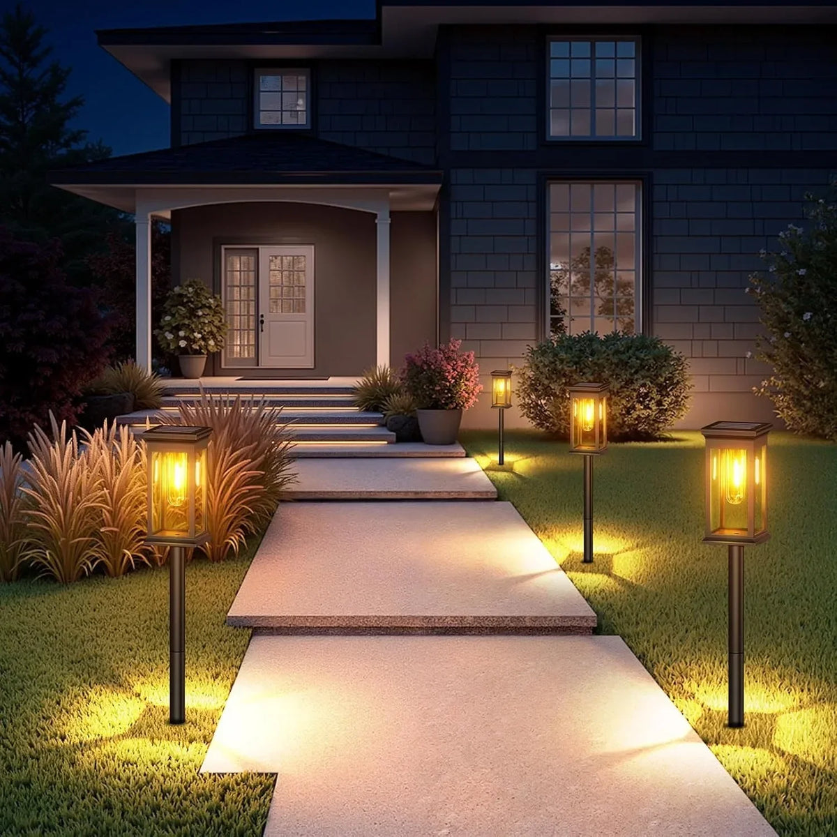 Une rangée de lumières solaires illuminant un chemin menant à l'entrée d'une maison moderne au crépuscule.