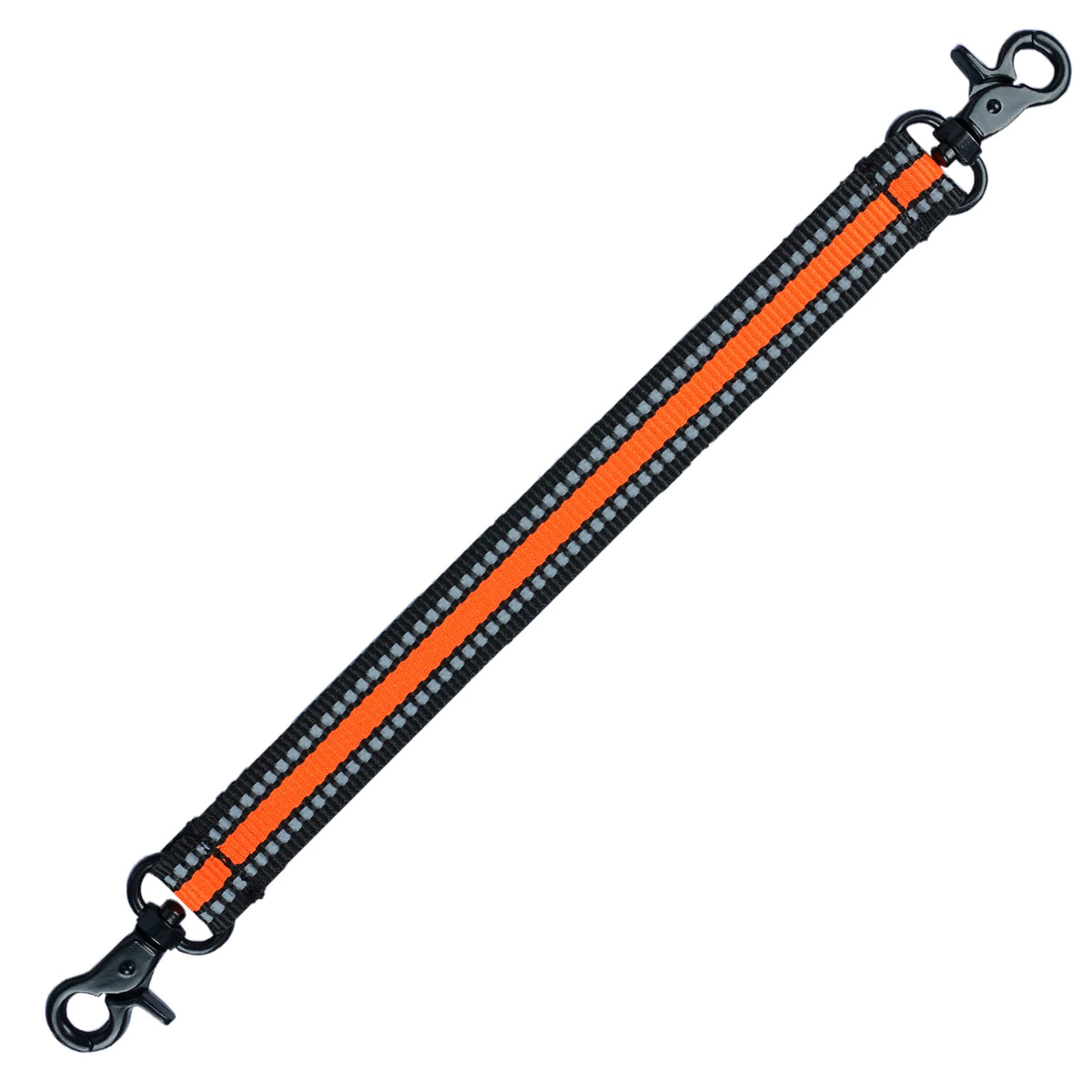 An adjustable electrical tape holder featuring an orange and black striped strap with metal clasps.