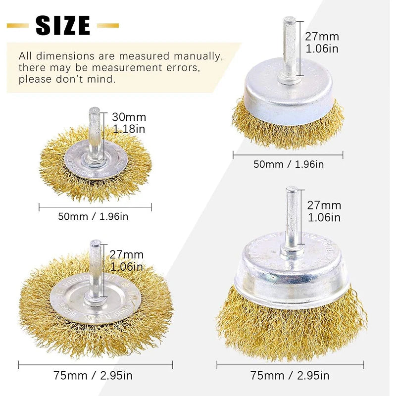 A set of three coarse crimped wire brushes in gold and silver colors shown with various diameters.
