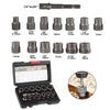 A set of various sized socket and nut extractors for professional metalworking hand tools.