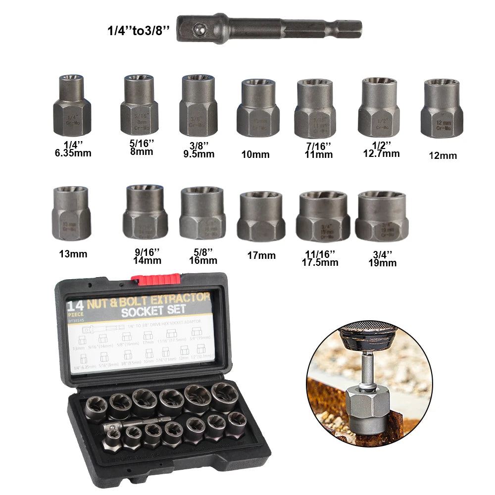 A set of various sized socket and nut extractors for professional metalworking hand tools.