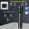 A black rechargeable LED flashlight with a USB-C connector and battery indicator lights is shown on a marble surface.