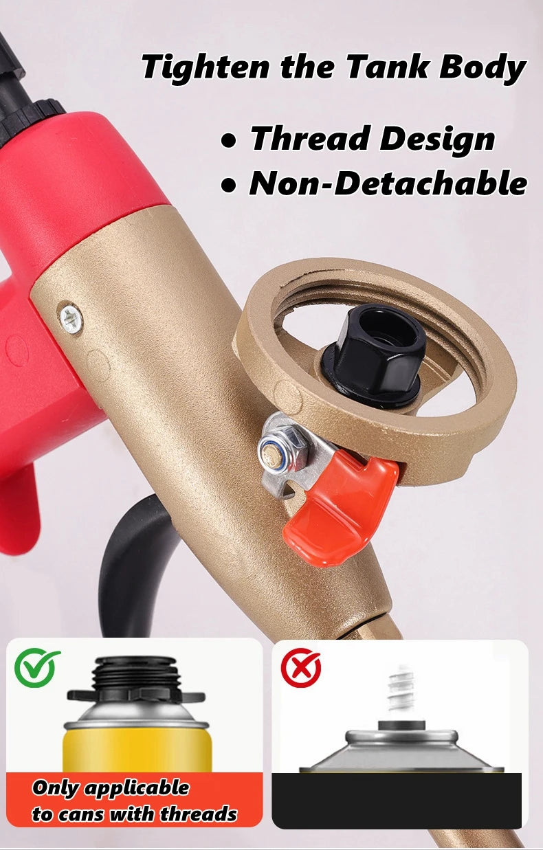 A close-up of a foam sealant spray gun with a brass body and red accents, showing its non-detachable thread design.