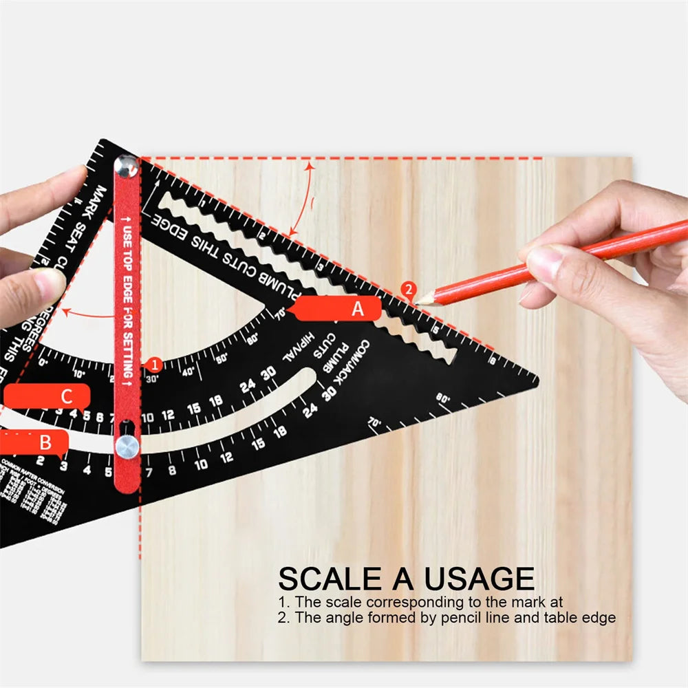 A hand uses a precision aluminum angle measuring ruler to mark an angle on a wooden surface.