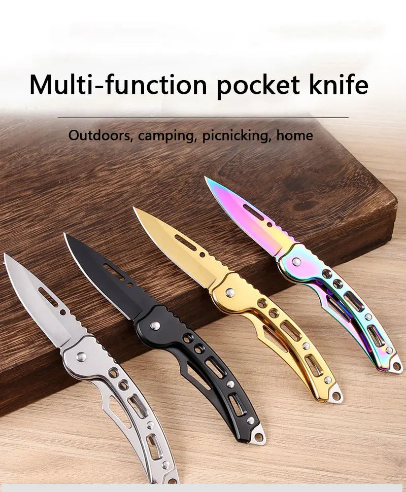 A set of multi-function pocket knives in various finishes, including silver, black, and gold, displayed on a wooden surface.