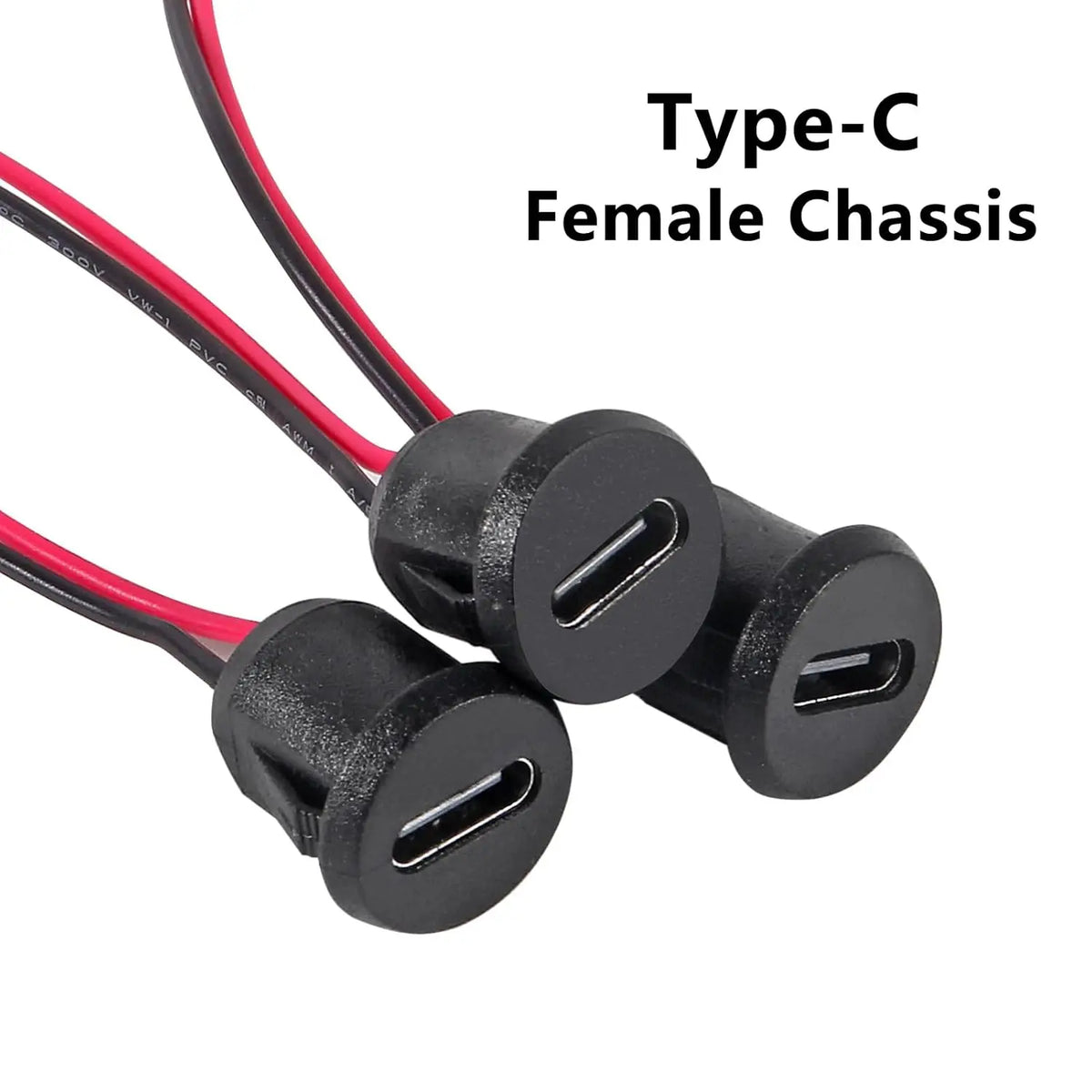 A black Type-C female chassis charging port adapter with red and black wires.