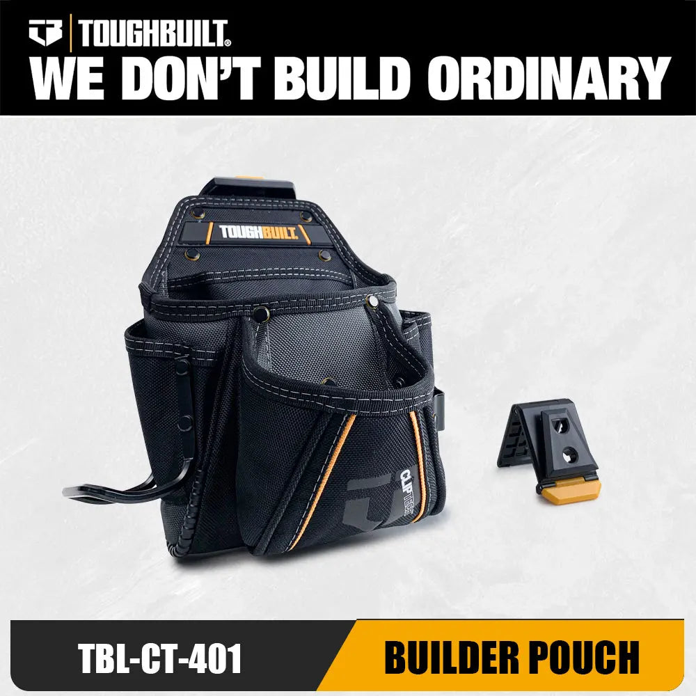 A black ToughBuilt builder pouch with an orange clip is shown against a light gray background.