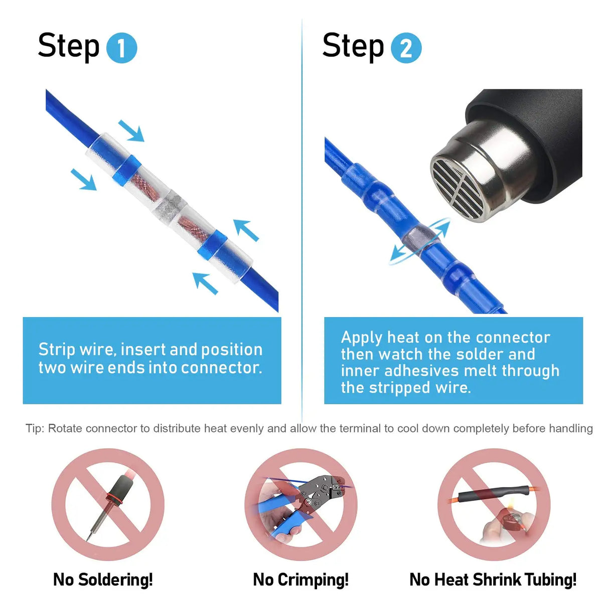 Two steps showing how to strip wire, insert it into a connector, and apply heat to solder the wire.