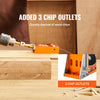 A precision pocket hole jig kit is shown with wood chips being disposed of into a device that has three chip outlets.