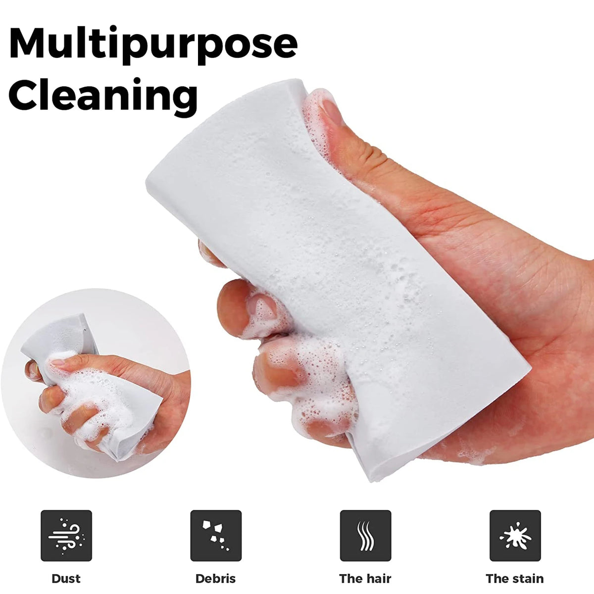 A hand is squeezing a white cleaning sponge covered in foam, demonstrating multipurpose cleaning for dust, debris, hair, and 