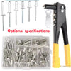 A professional hand riveter gun set includes various sizes of rivets and a black and yellow tool.