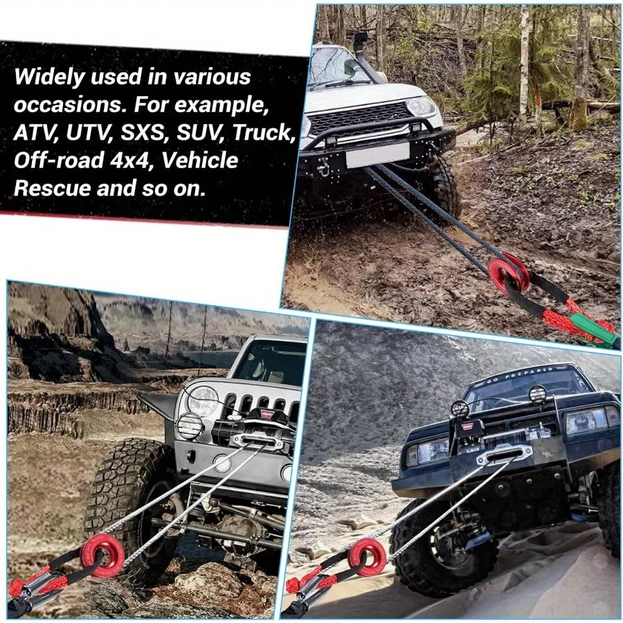 A heavy-duty synthetic winch rope and recovery shackle is shown being used to pull a vehicle out of a muddy, off-road terrain