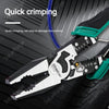 A close-up of a black and silver diagonal crimping tool being used on a blue wire terminal.