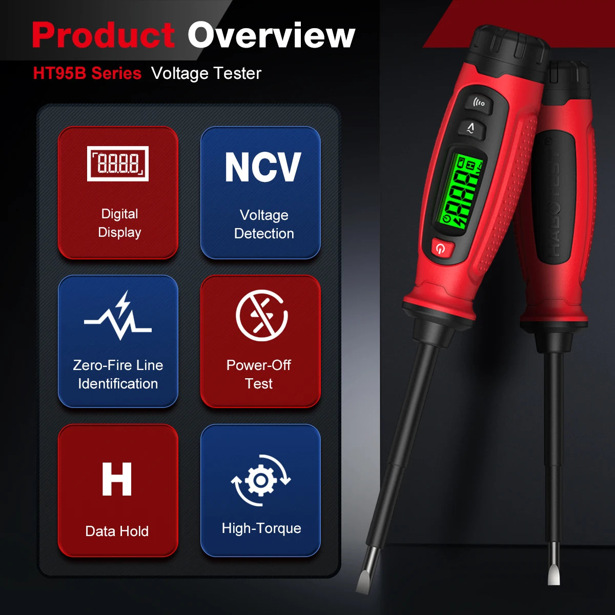 A red digital AC voltage tester and screwdriver tool with a black handle and probe.