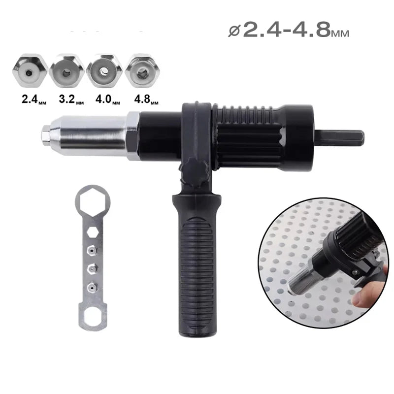 A professional electric rivet nut gun with various sized rivet nuts and a tool component shown.
