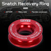 A red recovery ring product with a logo and specifications is shown against a background of an off-road vehicle.
