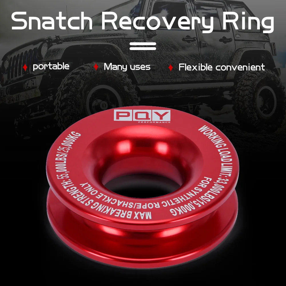 A red recovery ring product with a logo and specifications is shown against a background of an off-road vehicle.