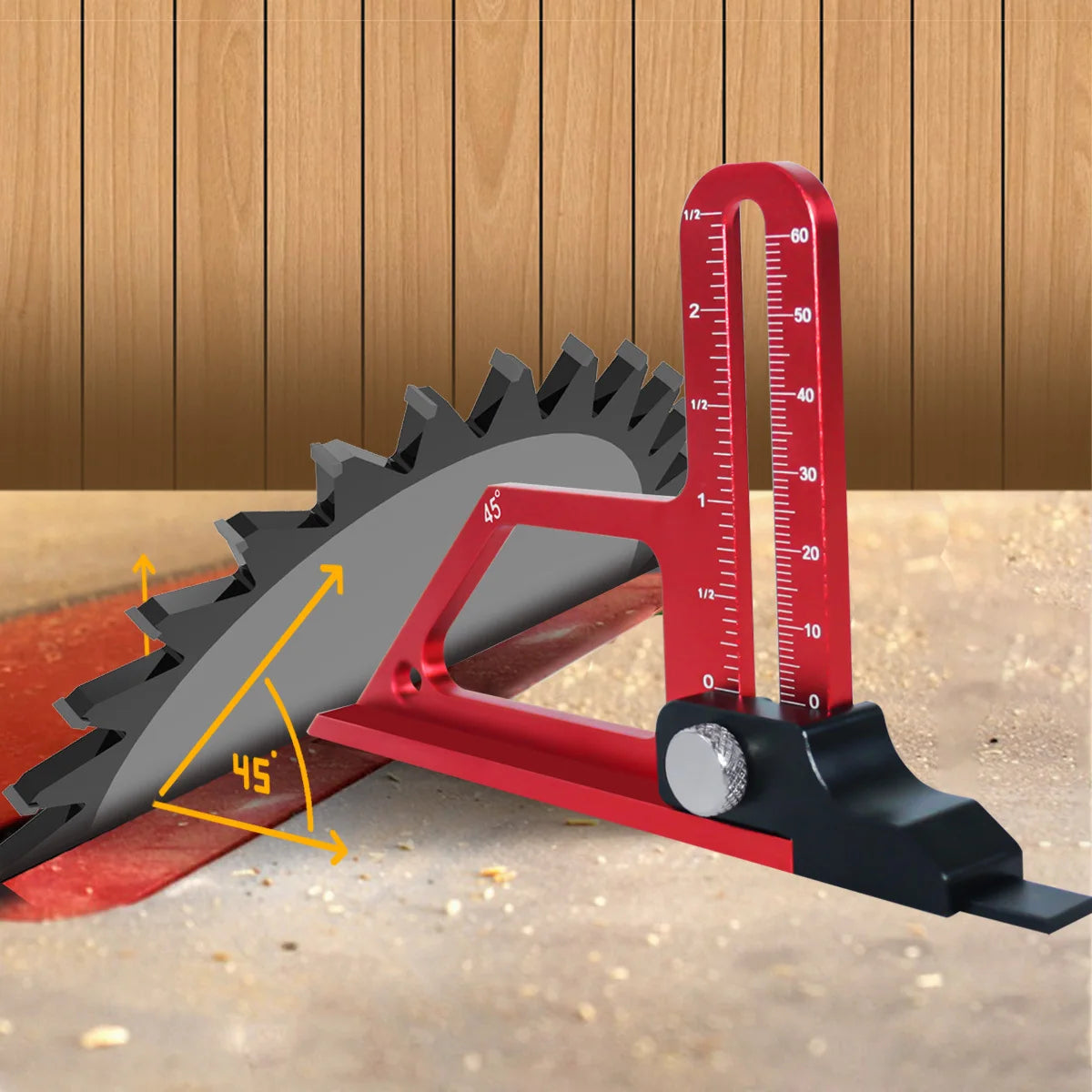 A red precision depth gauge clamp is shown with a saw blade, measuring an angle against a wooden surface.