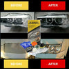 Before and after comparison of a DIY headlight restoration kit applied to a car headlight.