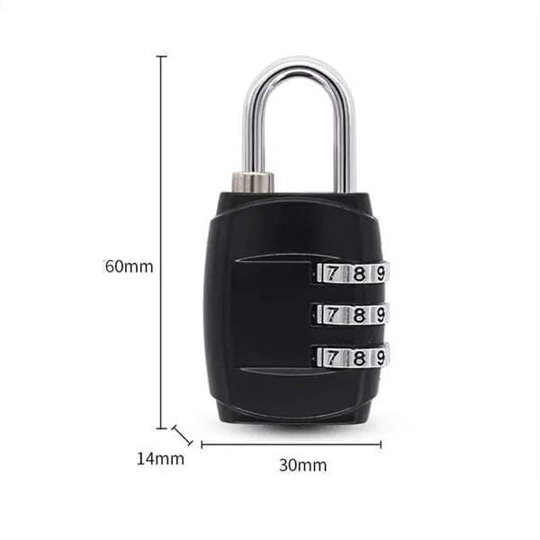 A black dial password luggage lock with a silver shackle and combination numbers visible.
