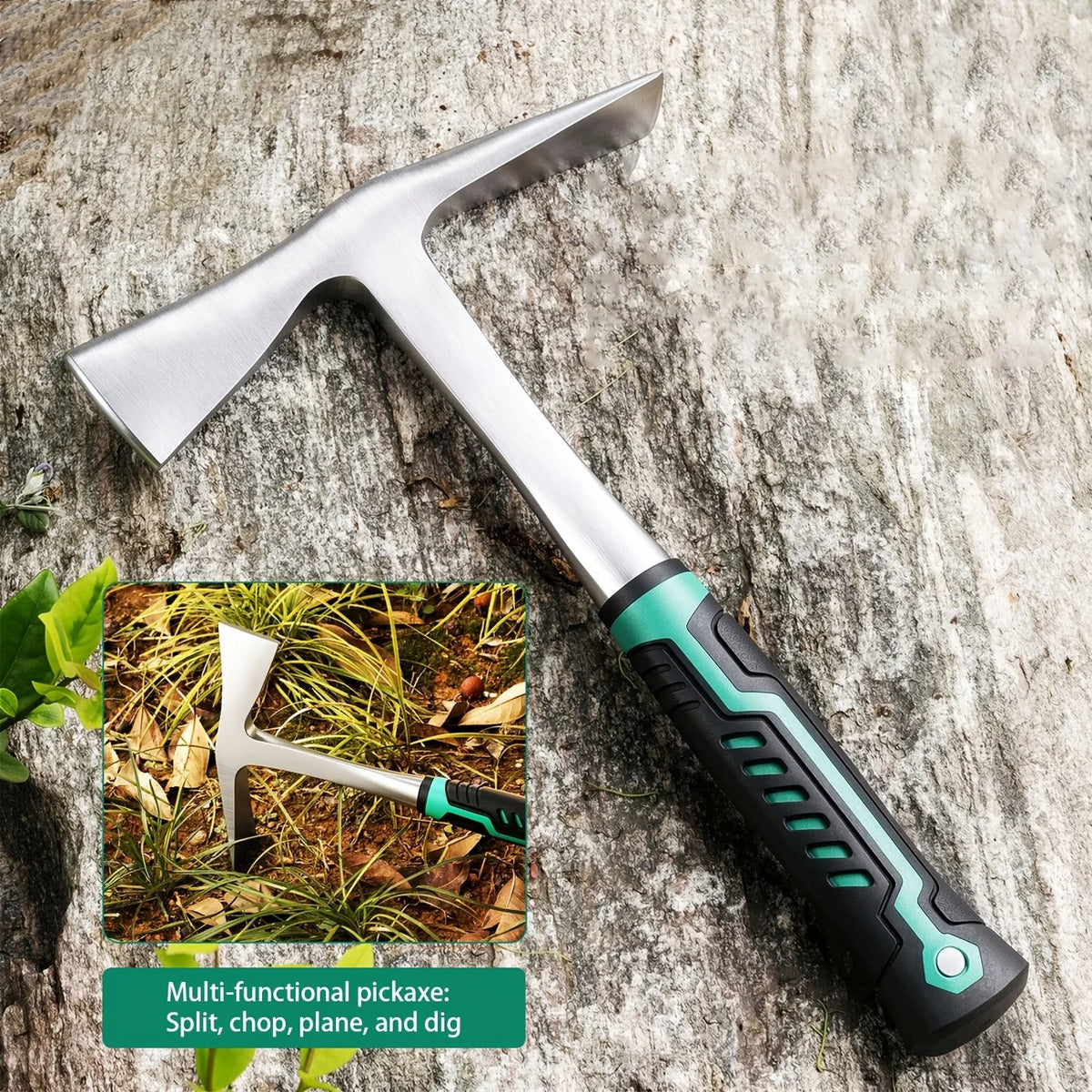 A silver multi-functional pickaxe with a black and teal grip resting on a weathered stone surface.