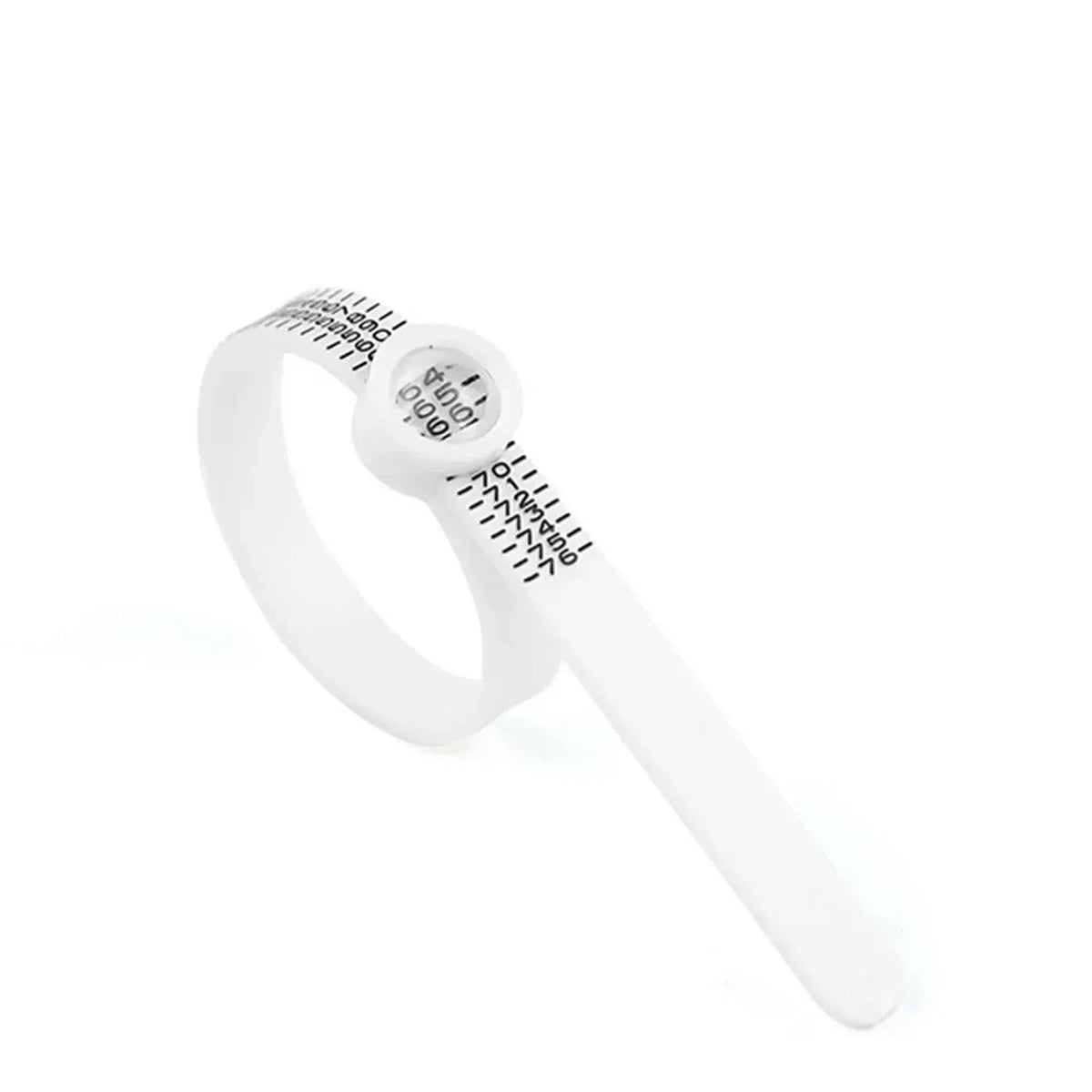 A white precision ring sizer with a magnifier is shown against a white background.