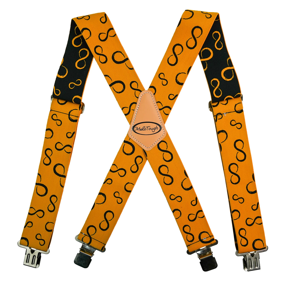 Ein Paar orangefarbener, strapazierfähiger elastischer Hosenträger in X-Form gekreuzt.