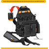 A black electrician's special tool kit featuring a tough built shoulder strap and various tools.
