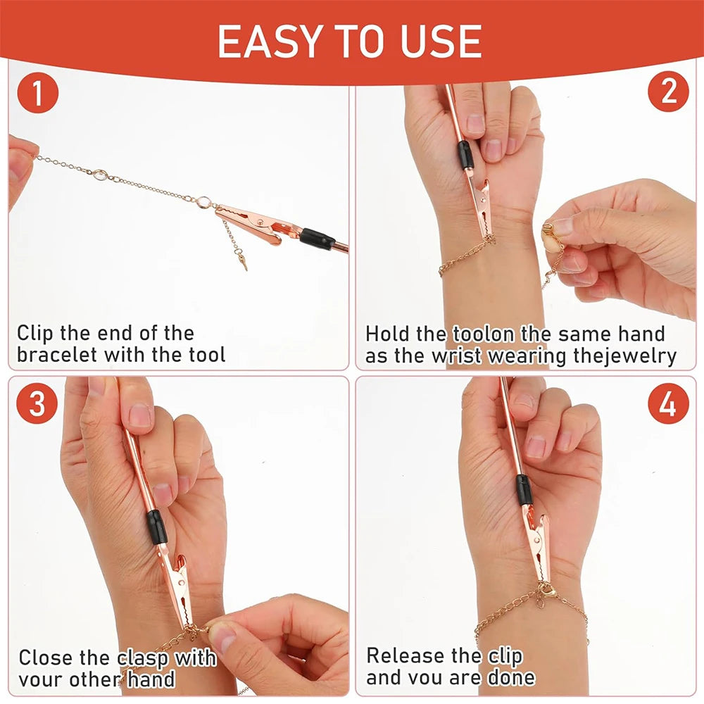 Instructions for using a precision jewelry clasp helper tool to open and close bracelets.
