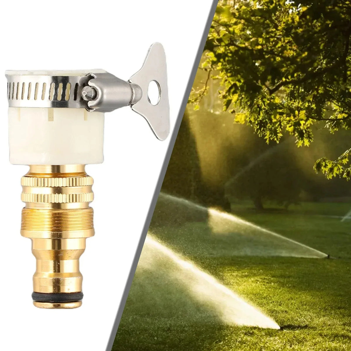Adaptador universal de manguera plate y latón para conexiones de grifo, junto a un césped brillante siendo regado por la luz 
