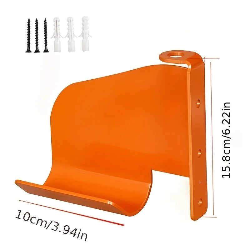 Orange metal chainsaw hook wall storage rack with multiple chain hooks and a mounting plate.