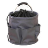 A gray folding storage organizer basket with a handle and multiple compartments.