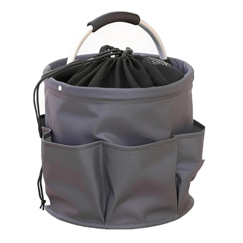 A gray folding storage organizer basket with a handle and multiple compartments.